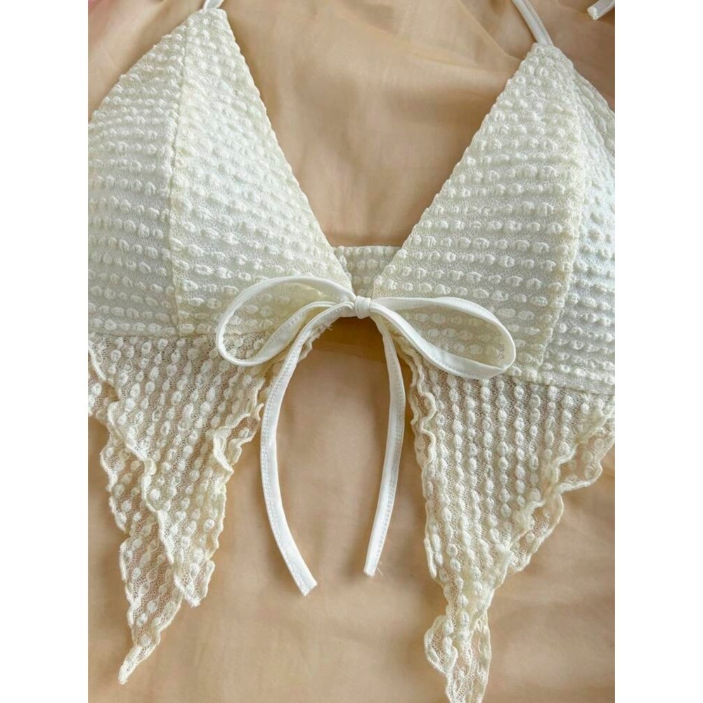 Angelcore Ivory Popcorn Knit Y2K Halter Top Handkerchief Hem Tie Boho Large
